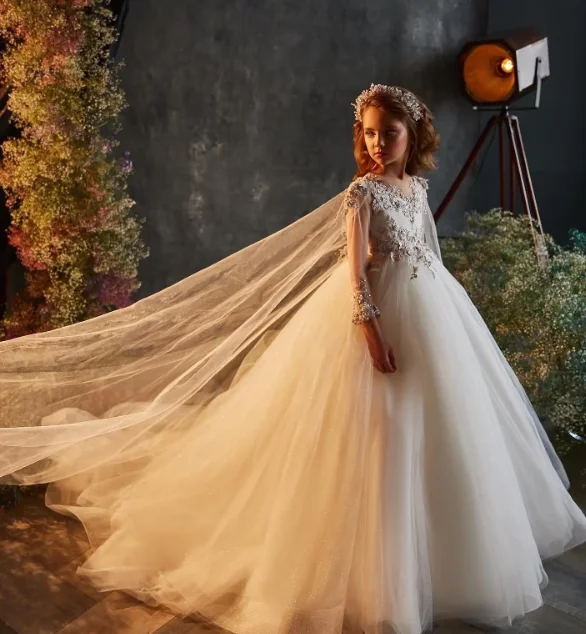 Customized Flower Girl Dress for Girls Cape Pageant Communion Robe De Demoiselle for Girls