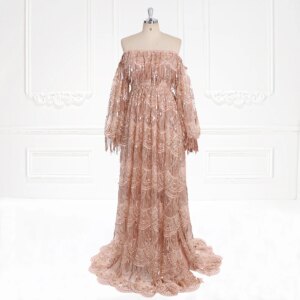 Plus Size Off Shoulder Maternity Dress Long Sleeve Sparkly Sequin Gown for Engagement Photoshoot YEWEN YW231121