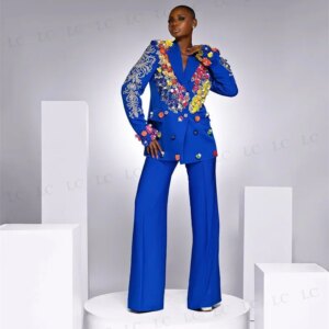 Exquisite Women Suits 2 Piece Blazer Pants Double Breasted Diamonds Beads Peaked Lapel Waistless Party Slim Plus Size Tailored