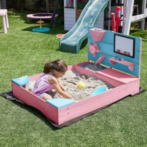 Wooden Sandbox, 49x39in Kids Sand Pit for Backyard, Outdoor Sandbox with Cover and Bottom Liner, Built-in Corner Seating, Bench