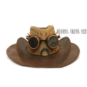 Gothic style riveted steam goggles for men and women high quality leather large eaves hat sunshade cowboy