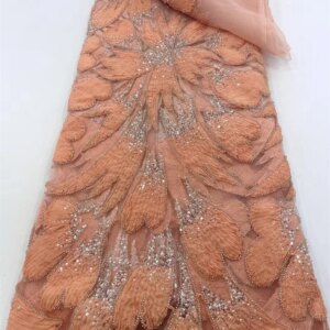 Luxury Lace On Sale African Fabric Lace High Quality 5Yard 2025 Latet Nigeiran Peach Beaded Lace Fabric For Wedding Dress W627-1