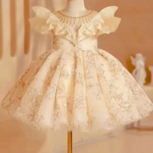 Jill Wish Luxury Arabic Beige Girl Dress Beading Dubai Baby Kids Princess Birthday Wedding Party Children Clothes 2025 J202