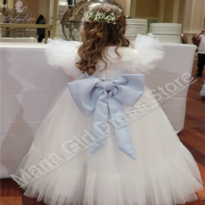 White Flower Girl Dress Wedding With Sky Blue Belt Fluffy Children’s Birthday Dress Prom First Communion Photography