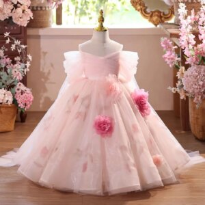 Jill Wish Luxury Pink Off Shoulder Flower Girl Dress 3D Flowers long Lace Kids Princess Wedding Pageant Birthday Party Gown J574