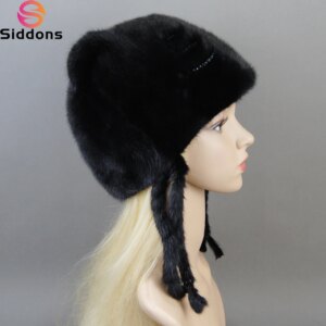 Winter Mink fur Cute cat ears Square cap With Sequins Warm Winter For Women Real Natural Mink Fur Vertical Weaving Winter Hat