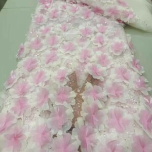 African 3D Flower Beaded French Mesh Lace Fabrics Nigerian Wedding Party Dresses Beaded Embroidery Lace Fabrics For Cloth KB4926