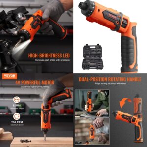 VEVOR Cordl Screwdriver 4V 7Nm Electric Screwdriver Rechargeable Set with 11 Acssory Kit and Charging Cable Light Dual Positio