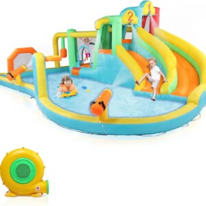 Inflatable Bounce House, Jumping Outdoor Air Castle Children Bouncer Double Long Water Slide with 750W Air-Blower for Backyard,