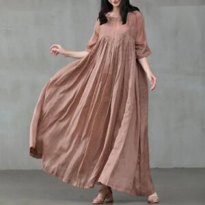 Fashionable Women New Summer Casual Temperament Cotton Linen Pullover Round Neck Women Large Swing Solid Color Loose Dress