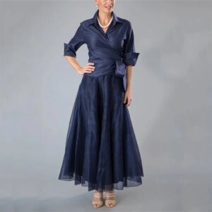 Two Piece A-Line Mother of the Bride Dress Formal Wedding Guest Elegant Ankle Length Organza with Bow Ruching Bandage 2024