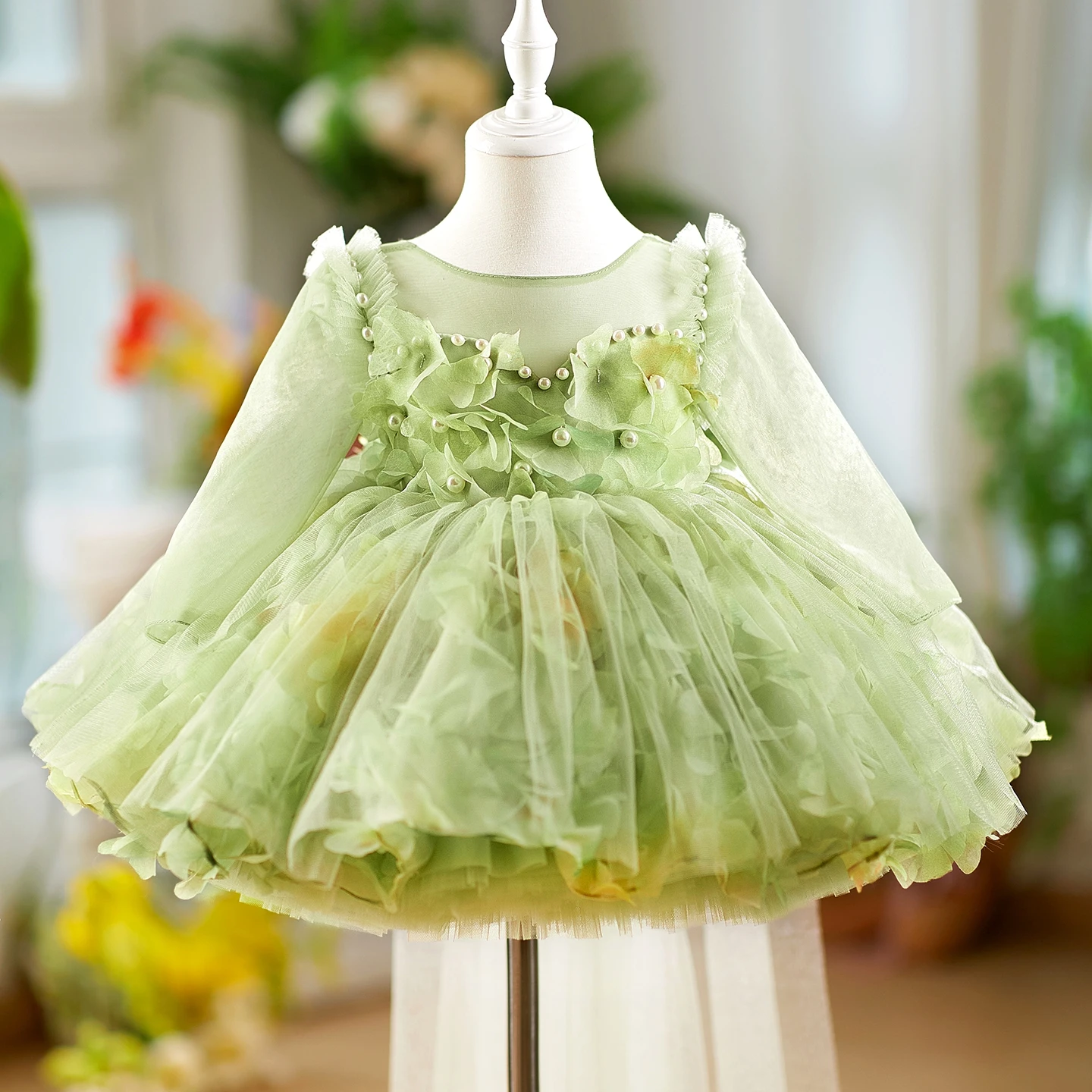 Jill Wish Lovely Sage Green Flower Girl Dress Long Sleeve Pearls for Baby Kids Wedding Birthday Party Pageant Ball Gown D096