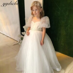 White Puffy Sleeves Flower Girl Dresses For Wedding Princess Shiny Pearl 2025 Tulle Child Birthday Party  First Communion Dress
