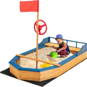 Pirate Boat Wood Sandbox for Kids, Wooden Pirate Sandpit w/Bench Seat, Storage Space, Ground Liner, Realistic Front Flag&Rudder
