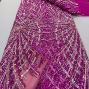 Purple Beads Lace Fabric Sequins French Mesh High Quality Fabric 2025 Beads Tulle Lace Fabric With Sequins For Sewing KB4656