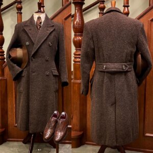 Vintage Men’s Tweed Long Overcoat Wool Cotton Peak Lapel Suits Double Breasted 1 Piece Coat Formal WindBreaker Customized