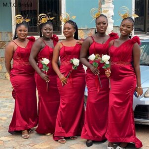 Custom Made Red Long Bridesmaid Dresses Mermaid Corset Back Graceful 2025 Appliques Satin Wedding Party Gowns Wholesale