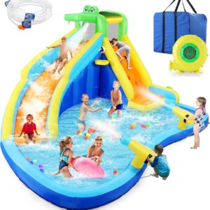 Inflatable Water Slide for Kids 8in1 Water Park 158x138x89in Waterslide Inflatables with 450W Blower+2 Cannons+Climbing Wall+Spl