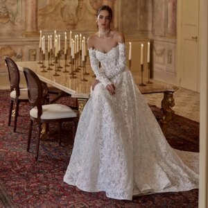 Detail Dresses for Mother of the Bride Wedding Lace A-line Wedding Party Dress White Off-the-shoulder Tailing Women Wedding Gown