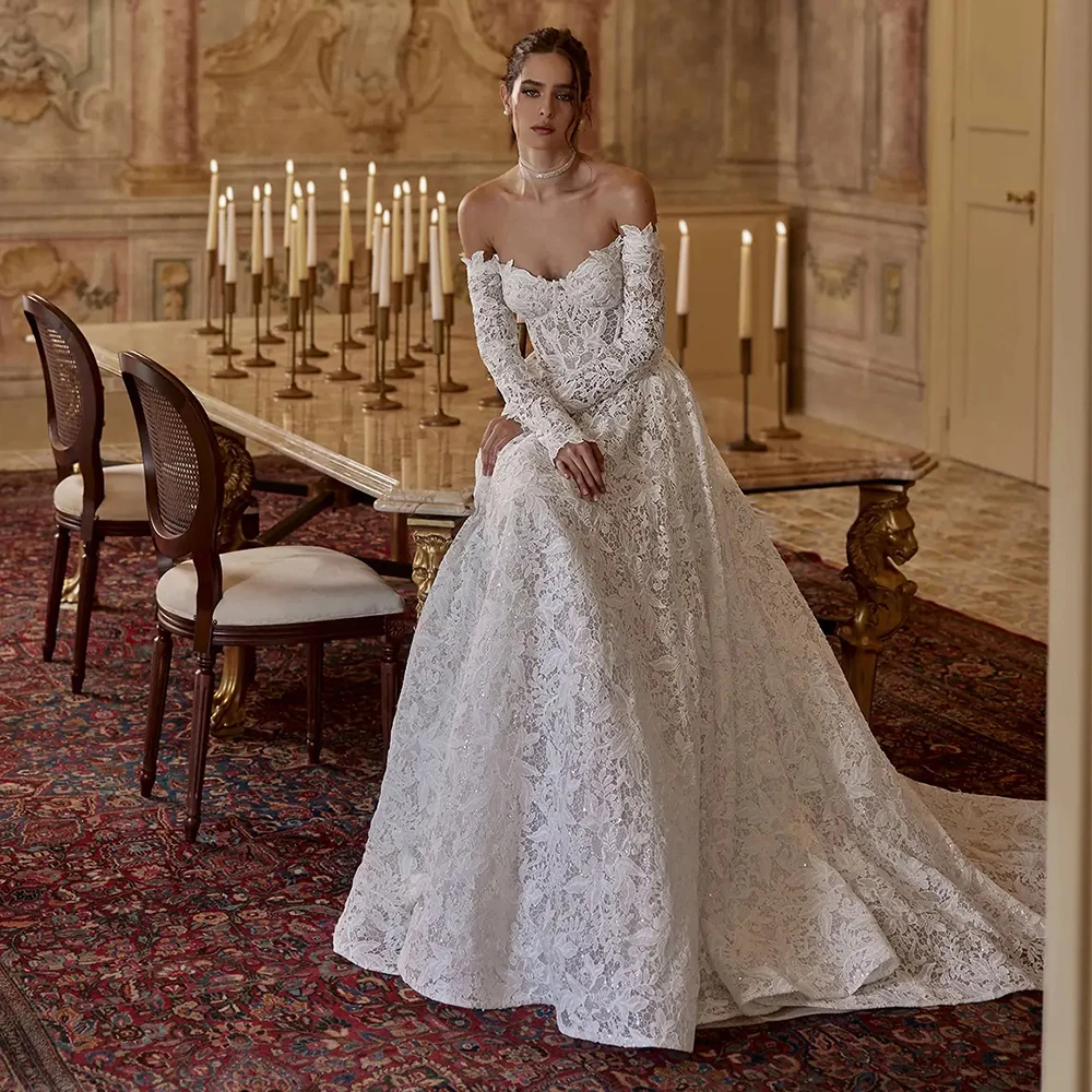 Detail Dresses for Mother of the Bride Wedding Lace A-line Wedding Party Dress White Off-the-shoulder Tailing Women Wedding Gown