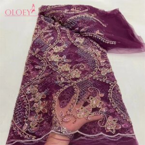 Latest Hot Sale Fashion Africa Lace Fabric High Quality Handmade Embroidery Lace With Beads Sequins Party For Wedding Dress