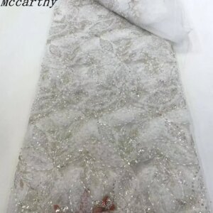 Luxury 3D Lace Fabric 5 Yards Dubai Hand Beaded Tulle Lace Fabric Embroidered Sequins African Nigerian Fabric For Wedding Sewing