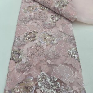 Pink Luxury French Mesh Beaded Embroidery Lace Fabric African Nigerian Sequins Lace Fabric For Wedding Dresses Sewing Material