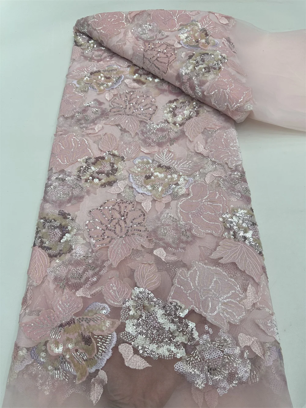 Pink Luxury French Mesh Beaded Embroidery Lace Fabric African Nigerian Sequins Lace Fabric For Wedding Dresses Sewing Material