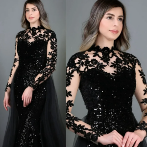 2025 Mother of the Bride Dresses With Detachable Train Formal Evening Gowns Sequined Lace High Neck Beaded Lace Party Wear