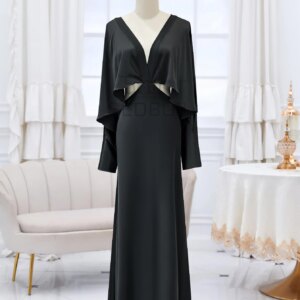 Tailored black silk fishtail exposed navel evening gown for brides