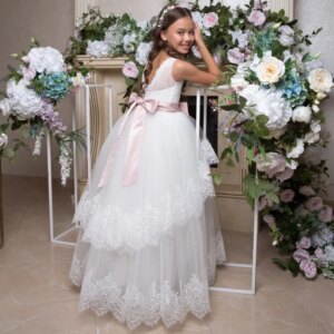 White Tulle Lace Appliques With Pink Bow Belt Sleeveless For Wedding Birthday Banquet Princess Gowns Flower Girl Dresses