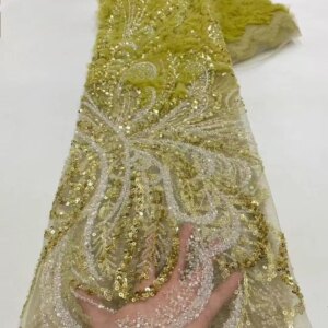 Luxury French Tulle Lace Fabric with Sequins Beads for Bridal Dress Nigerian Groom High Quality African Wedding Gown Material