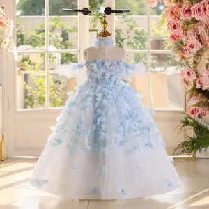 Dreamy Vow Luxury Beaded Blue Flower Girls Bridesmaid Dress Princess Children Birthday Wedding Party Pageant Ball Dress D101