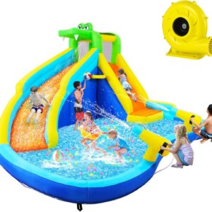 Inflatable Water Slide Water Park Bounce House with Slide, Paddling Pool, Climbing Wall, Water Cannon Bouncy Castle Blow Up Wate