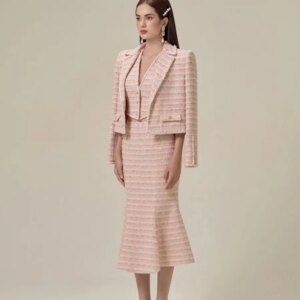 Customized Pink Tweed Top and Skirt Bride Mother Dress Wedding Party Guest Dress