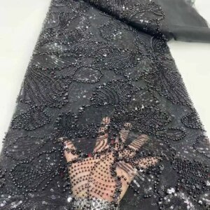 Luxury Hand Beaded Lace Fabric Bridal Fabric High-end Wedding Fabrics French Nigerian Sequins Beads Embroidered on Tulle 5 Yards