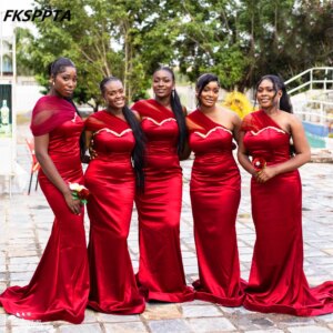 Dropshipping 2025 Burgundy Long African Bridesmaid Dresses One Shoulder Shiny Satin Wedding Guest Gowns Customized