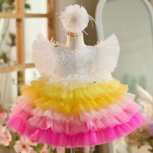 Jill Wish Sequine White Tulle Flower Girl Dress Lace Puffy Sleeve Knee Length for Princess Wedding Birthday Party Ball Gown J275