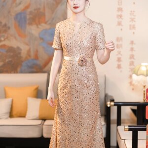 Champagne Sequin Women Formal Occasion Dresses For Wedding Party Tea-Length Mermaid Mother Of The Bride Dresses