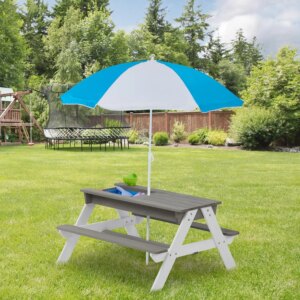 3 in 1 Kids Picnic Table with Umbrella, Kids Outdoor Table Convertible Sand & Water Table with 2 Removable Tabletop, 2 Playboxes