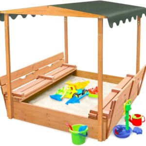 Cedar Sandbox for Kids with Canopy & Benches – Outdoor Convertible Wooden Sandbox with Lid, UV Shade & Built-In Seating – Backya
