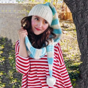 Striped Christmas hat For women Girls Hat Scarf All in One Winter Hats Protection Neck Scarf Hat cosplay costume Funny hat