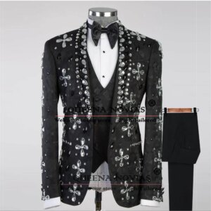Metallic Jewelry Ornament Men’s Suits Formal Party Single Breasted Jacket Vest Pants 3 Pieces Set Groom Banquet Wedding Tuxedos