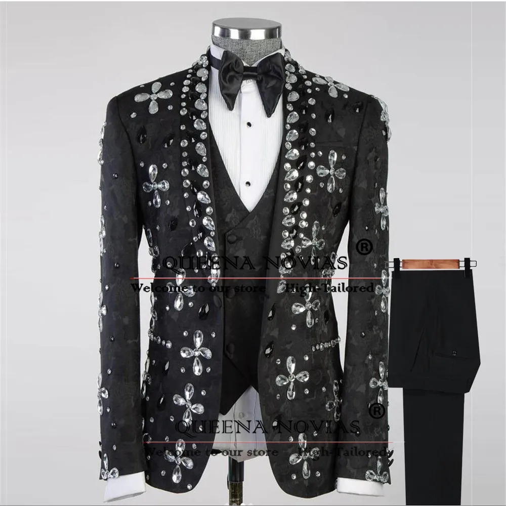 Metallic Jewelry Ornament Men's Suits Formal Party Single Breasted Jacket Vest Pants 3 Pieces Set Groom Banquet Wedding Tuxedos