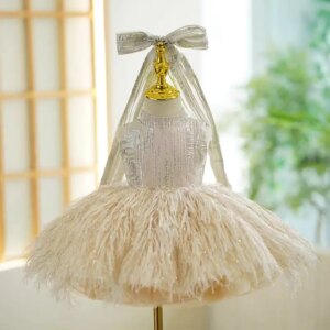 Jill Wish Champagne Children Sleeveless Flower Girl Dress Knee Length Princess Baby Wedding 1st Birthday Party Holiday Gown J315