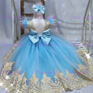 Gorgeous Flower Girls Dress Blue Tulle Puffy Gold Applique For Wedding Bridesmaid Kids Birthday Princess Party Evening Gowns