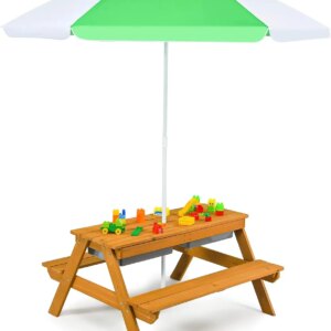 Kids Picnic Table, 3-in-1 Toddler Picnic Table with Height Adjustable Umbrella, Kids Outdoor Table with Detachable Tabletop & Re