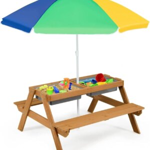 Kids Picnic Table, 4 in 1 Cedar Wooden Sand & Water Table w/ 2 Removable Box & Umbrella, Kids Picnic Tables for Outdoors Backyar