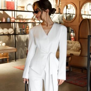 New Design Tailored 2 Pcs Women Suits Blazer Pants V-Neck Slim Fit Single Breasted Long Sleeves Simple Stylish Women Customized