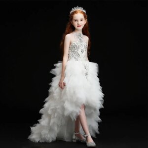 Exquisite White Shiny Crystals Beaded Flower Girl Dresses For Wedding 2025 Tulle Princess High Low Pageant First Communion Gowns